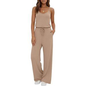Women's Khaki Summer Dressy Sleeveless Wide Leg Long Pant Romper Jumpsuit